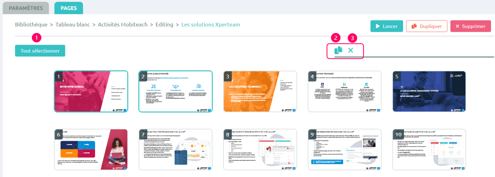 Tableau blanc : édition - actions en lot