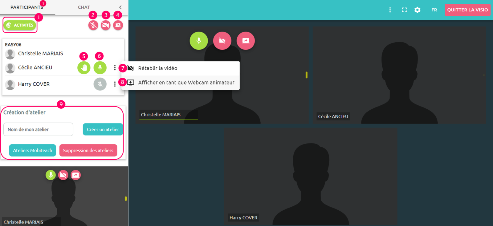 Webiteach - côté animateur : fonctionnalités disponibles