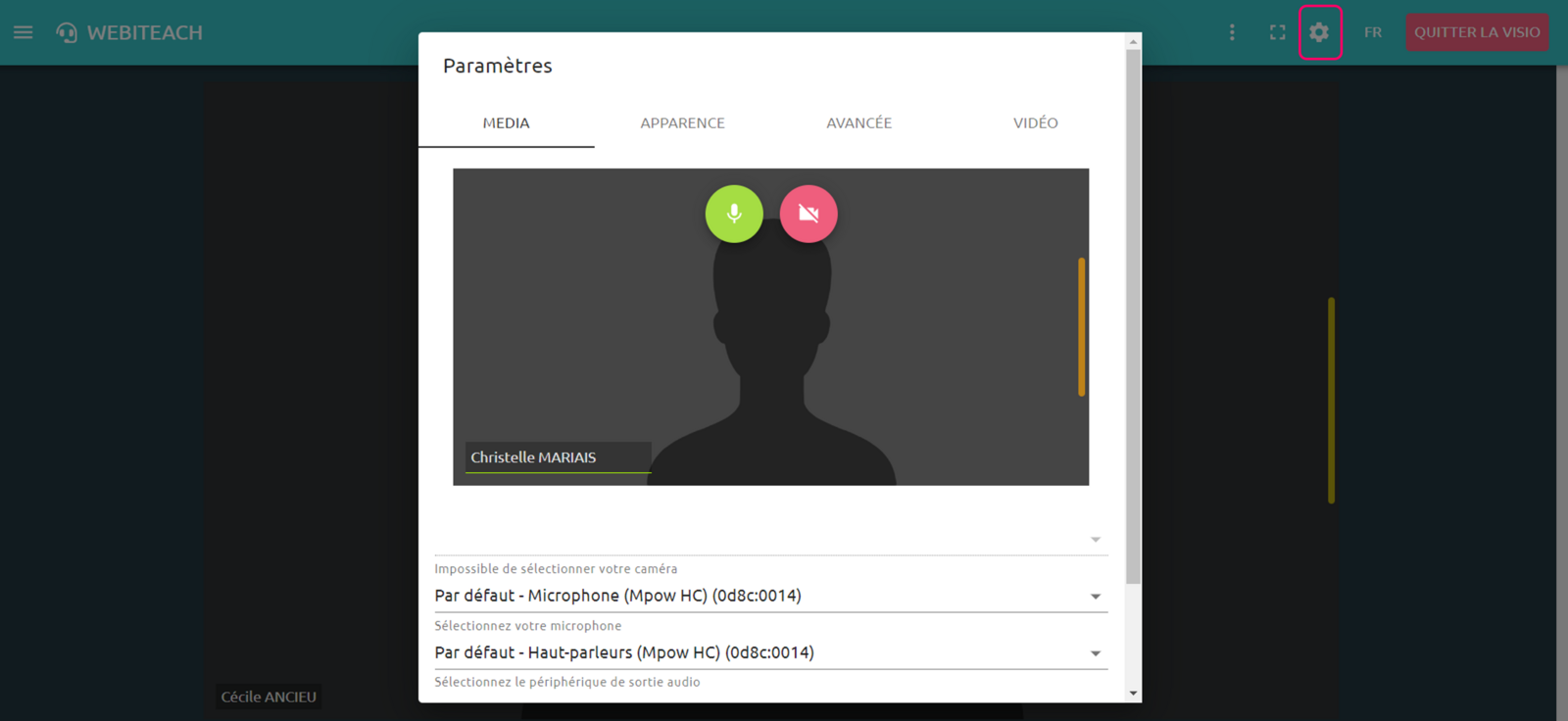 Webiteach : fenêtre de paramétrages