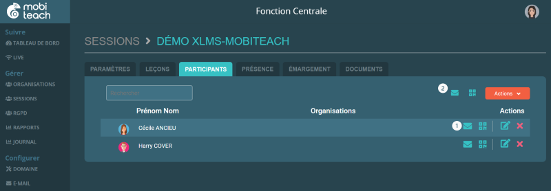 Fonction centrale : envois invitations session
