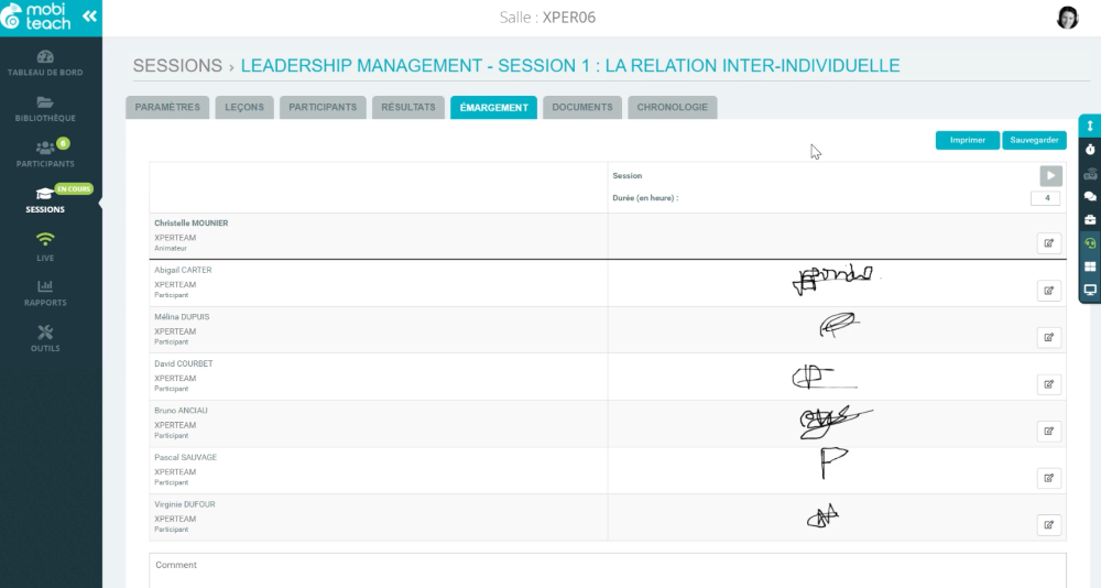 Emargement - Vue animateur (format session)
