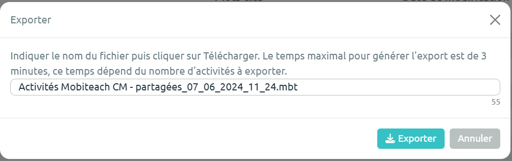 Fenêtre d'export