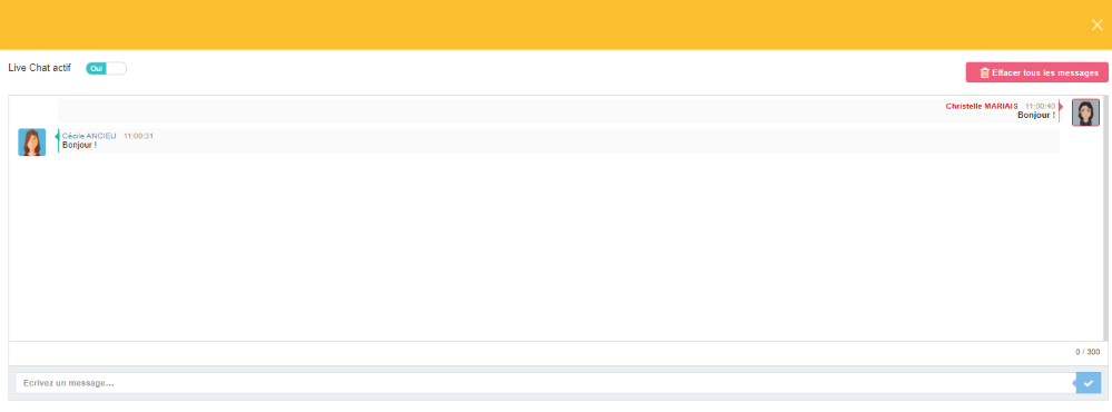 Live Chat côté animateur avec fonctionnalités d'activation globale et effacement des messages
