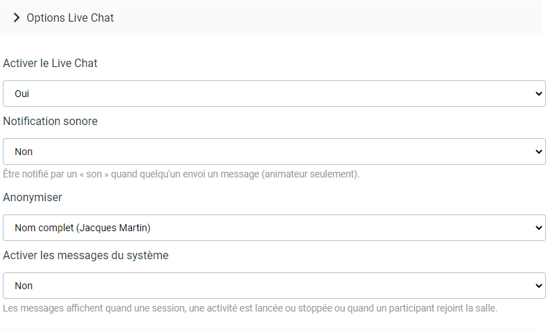 Outils - Options Live Chat