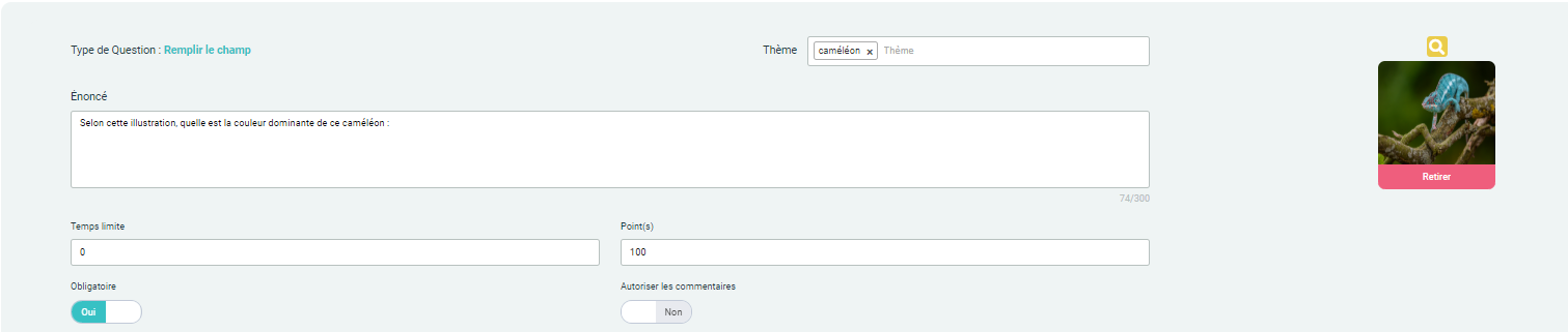 Paramètres d'une activité "Remplir le champ vide"