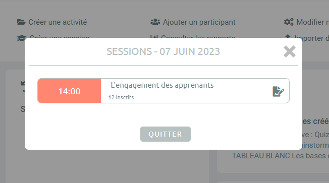Détails des sessions d'un jour séléctionné